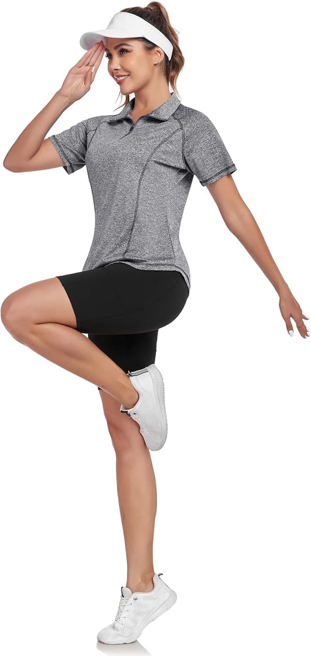 Detalle de DUVOWE Sportshirt Damen Kurzarm mit 1/4 Reißverschluss – Funktions-T-Shirt für Gym, Workout & Laufen