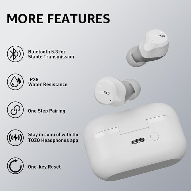 Detalle 2 de TOZO NC9 Bluetooth In-Ear Kopfhörer mit Hybrid-ANC (45 dB), 6 Mikrofone ENC & 60 Std. Akku – Weiß