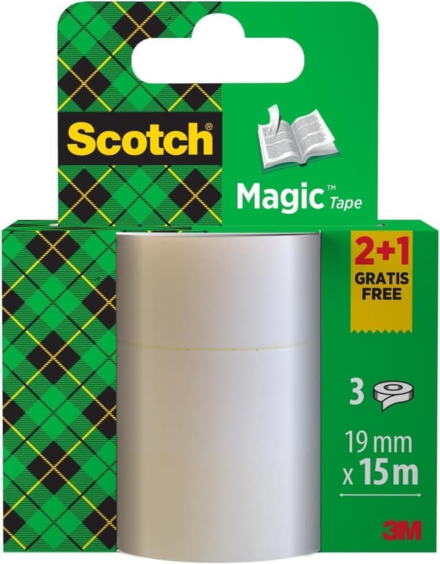 Detalle de Scotch Ruban Magic : ruban adhésif invisible blanc mat (2 rouleaux 19 mm x 15 m + 1 gratuit)
