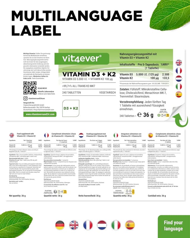 Thumbnail 6 de vit4ever Vitamin D3 + K2 Depot 240 Tabletten