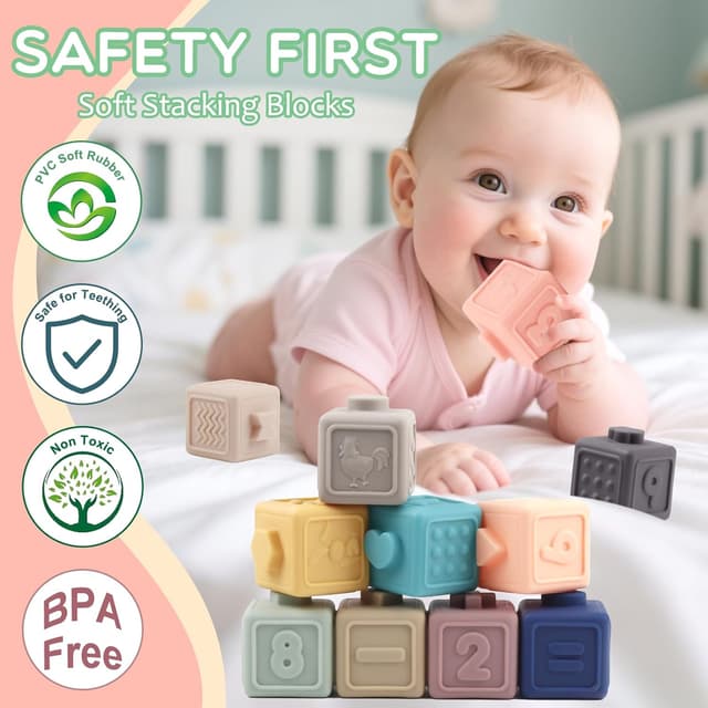 Detalle de Plunack 24 Pack Montessori Toys: soft building blocks, teething squeeze toys & sensory balls