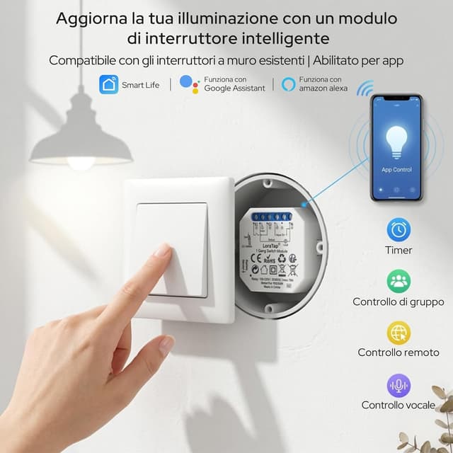 Detalle de LoraTap Interruttore WiFi Alexa con timer e relè (2 pezzi) per controllo in parallelo dello switch