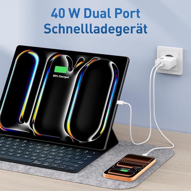Detalle 2 de 40W 2-Port USB‑C Ladegerät (PD/ QC) mit 2× 2‑Meter Kabel – 2‑Pack für iPhone & iPad