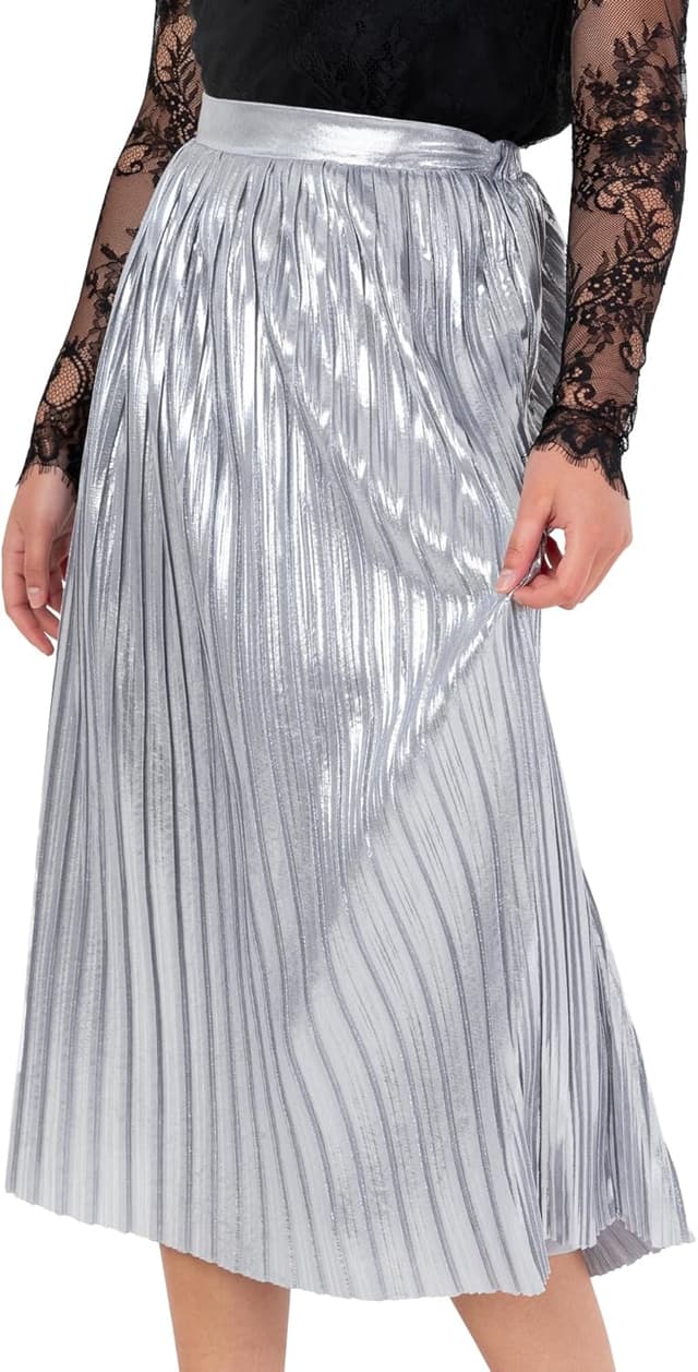 Detalle de Lovedrobe Damen Midirock mit Falten, A-Linie und elastischem Bund (Metallic, Satin-Finish, gefüttert)