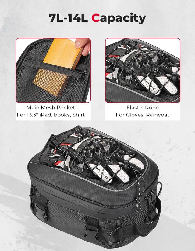 Detalle de KEMIMOTO Borsa posteriore moto espandibile 7-12L, impermeabile con copertura antipioggia (nera)