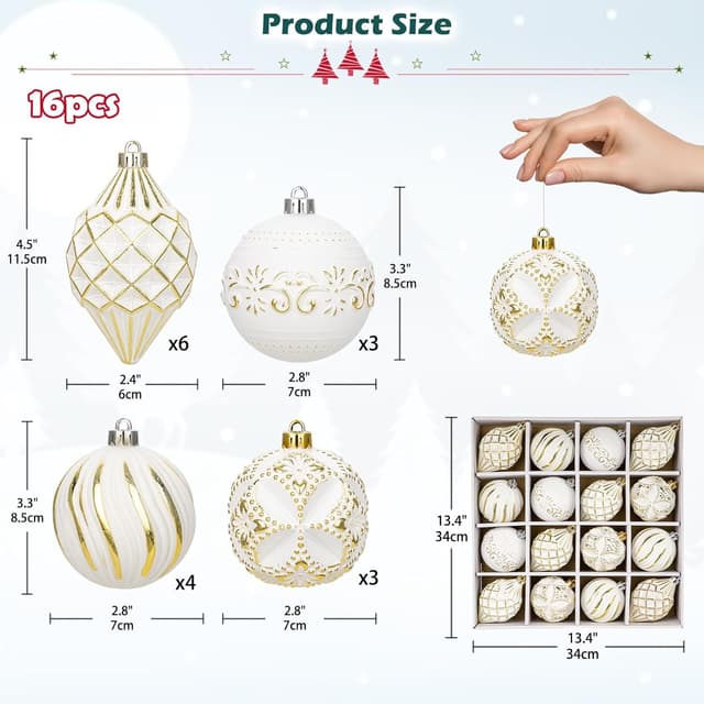 Detalle 2 de Oairse 16-piece Christmas tree baubles set (shatterproof) in white and gold