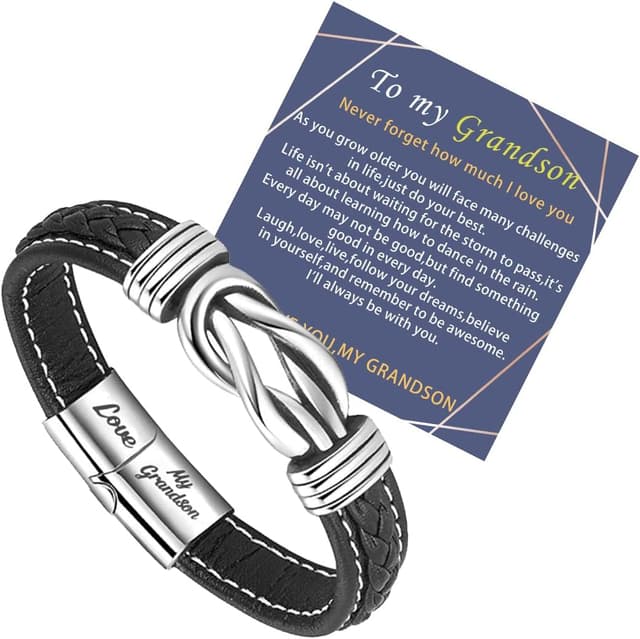 Detalle de To My Grandson leather bracelet with engraving and stainless steel clasp – braided gift for Christmas, birthdays and more