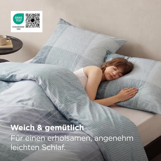 Detalle de BEDSURE Wendebettwäsche 135x200 (2-teilig) mit Kissenbezug 80x80 – Blaues Buffalo-Karo mit Reißverschluss