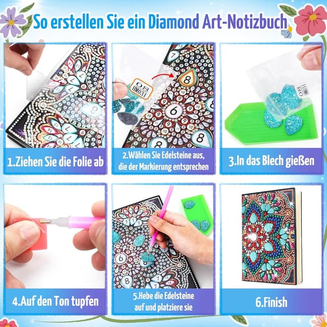 Detalle de pearoft Bastelset Mädchen (7–10 Jahre) – Tagebuch & Diamant Painting A5 Notizbuch Set mit Mandala