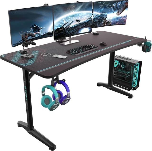 Detalle de EUREKA ERGONOMIC Bureau Gaming 152 x 70 cm avec tapis de souris, porte-gobelet, crochet casque et support manette