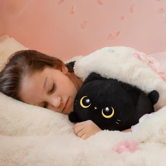 Detalle de Mewaii 16-inch Soft Black Cat Plush Pillow – Squishy cuddle plush for kids and adults