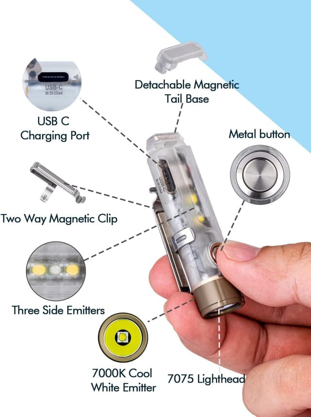 Detalle de RovyVon Aurora A7 G4 7075 USB-C Rechargeable Keyring Torch (650 lumens) – White with 365nm side lights