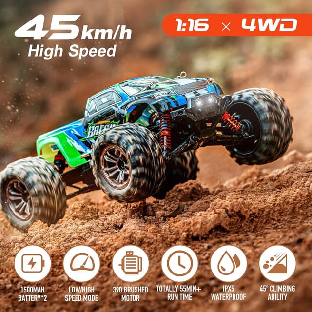 Detalle 2 de YONCHER YC200 auto radiocomandata 1/16 4WD 45+ km/h off-road con telecomando 2 batterie