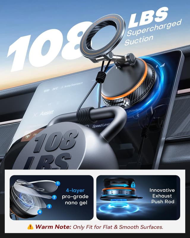 Detalle de Peerock Upgraded MagSafe Car Phone Holder (108+ lb suction, 3000gf magnetic) – 360° Adjustable Mount for iPhone & Android (Orange)