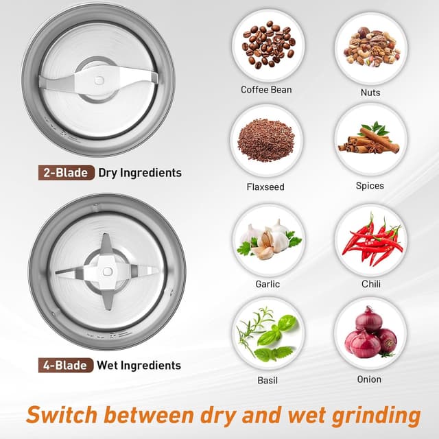Detalle de Secura Electric Coffee Grinder and Spice Grinder with 2 Stainless Steel Blades and Removable Bowls