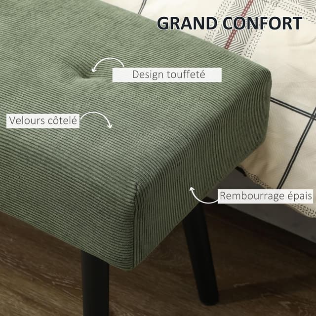 Detalle de HOMCOM banc banquette moderne rembourré en velours côtelé vert (bout de lit) sur pieds en acier noir, 100 x 36 x 45 cm