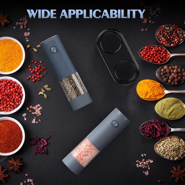Detalle de Electric Salt and Pepper Grinder Set with Adjustable Levels, LED Light, and 4 AAA Battery Power (Grey)