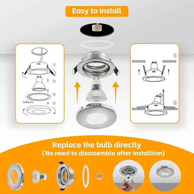 Detalle de GeyouLux 12er Set Einbaustrahler-Rahmen IP65 für GU10 (Eisen Nickel), Lochmaß 68 mm