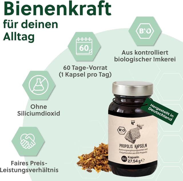 Detalle de beegut BIO Propolis Kapseln (60 Kapseln) – BIO Propolis-Extrakt in pflanzlicher Kapselhülle