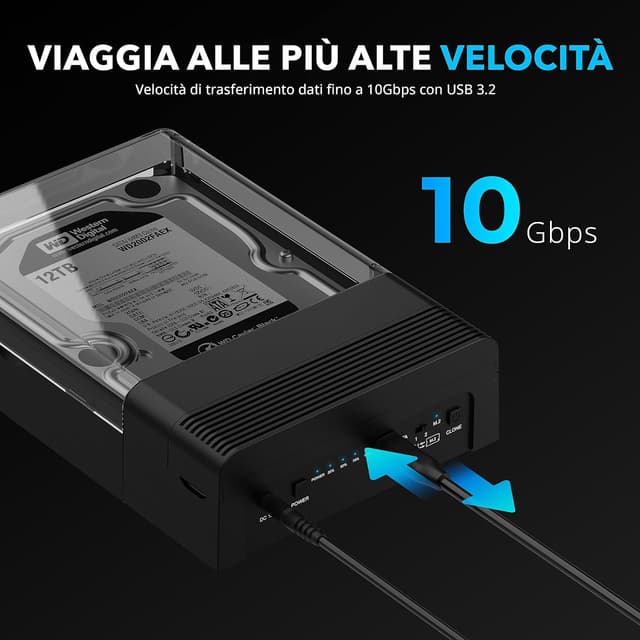 Detalle de SABRENT DS-UFNC docking station USB-C per SSD M.2 NVMe e HDD/SSD SATA 2,5"/3,5" con clonazione offline