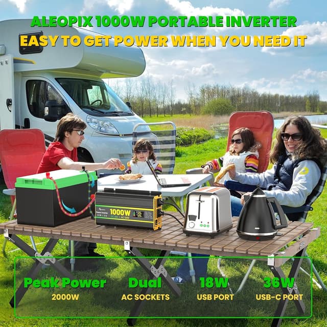 Detalle 2 de ALEOPIX 1000W Power Inverter (12V to 110V) for Vehicles with Dual AC, LED Display & USB Ports (Surge 2000W)