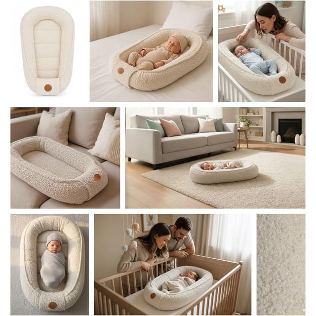 Detalle de Totsy Baby Babynestchen aus Bouclé – tragbares Nest für Neugeborene, cremefarben