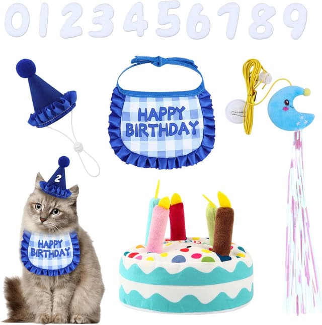 Thumbnail 6 de La Desire Katzen Geburtstag Outfit Set (Bandana & Hut, 0–9 Zahlen) inkl. Plüsch-Torte und hängendem Katzenspielzeug mit Katzenminze – Rosa