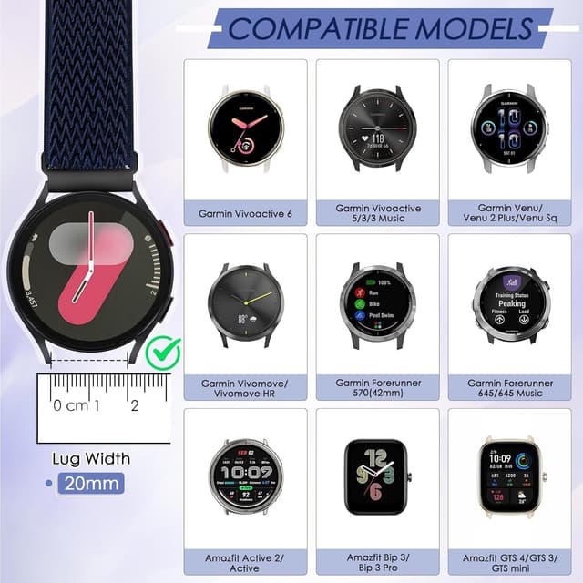 Detalle de Relting 4 Pack 20mm Elastic Nylon Bands for Garmin Vivoactive/Venu, Amazfit Bip 3 & More