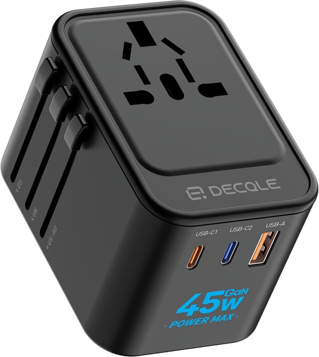 Detalle de decqle Reiseadapter Weltweit – Universal-Reisestecker mit 2× USB‑C (GaN 45 W), USB‑A und AC‑Steckdose (EU/UK/US/AU, schwarz)