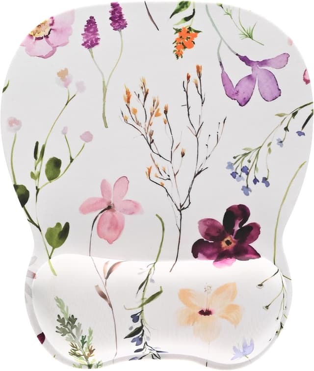 Detalle de EooCoo mouse mat with wrist support (memory foam) – ergonomic gaming desk accessory, white flowers