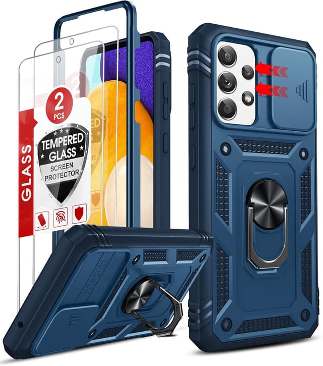 Detalle de LeYi Military Camera Cover Slider Case for Samsung Galaxy A52 5G/A52S with 2 Tempered Glass + Ring Stand (Dark Blue)