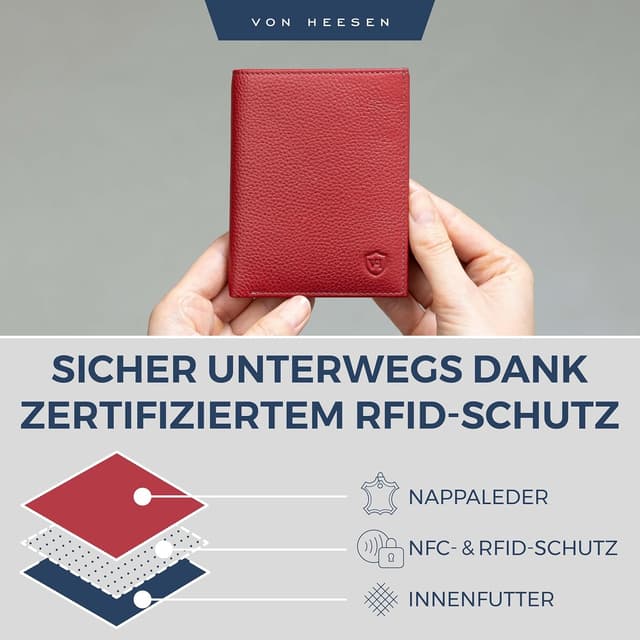 Detalle de VON HEESEN Leder-Geldbörse für Herren mit Münzfach und RFID-Schutz (Rot)