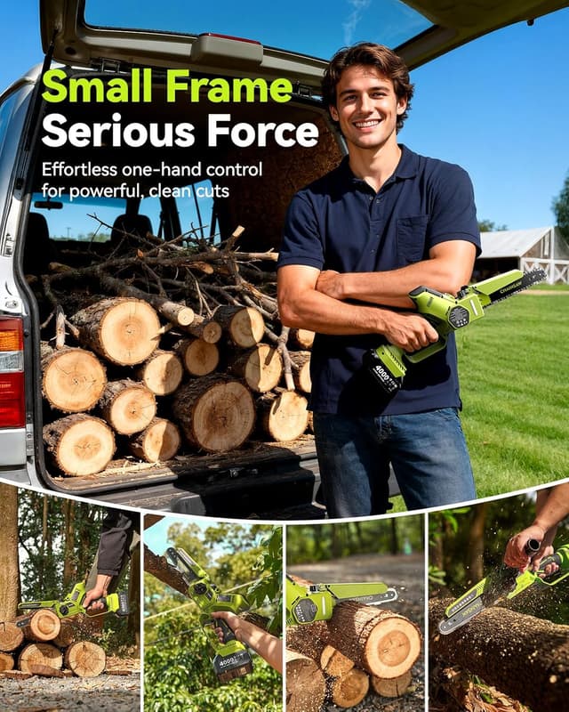 Thumbnail 6 de 8-Zoll & 6-Zoll Mini-Kettensäge mit 1300 W und 8000-mAh-Akku (für Äste, Holz) – 1-Hand Akku-Säge