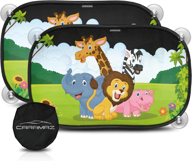 Detalle de CARAMAZ Car Window Shades for Baby (48 x 30 cm) – Turtle Design, UV Protection, Pack of 2 with Suction Cups