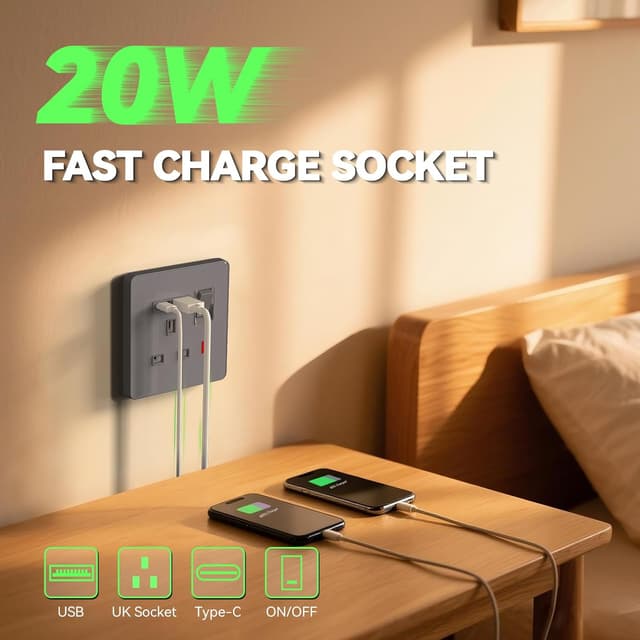 Detalle de BSEED plug socket with 20W USB-C fast charging (switched), 1-gang UK standard, grey glass panel