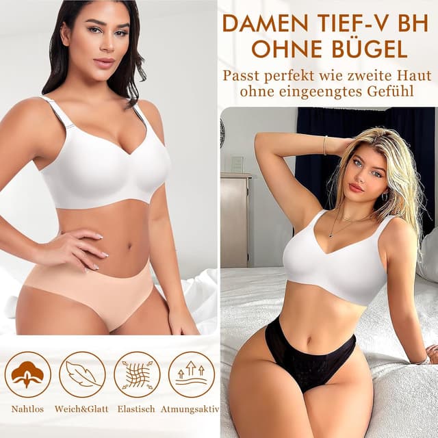 Detalle de Ganado Damen BH ohne Bügel – nahtloser Soft-BH mit Tief-V-Ausschnitt und Gel-Silikonstreifen
