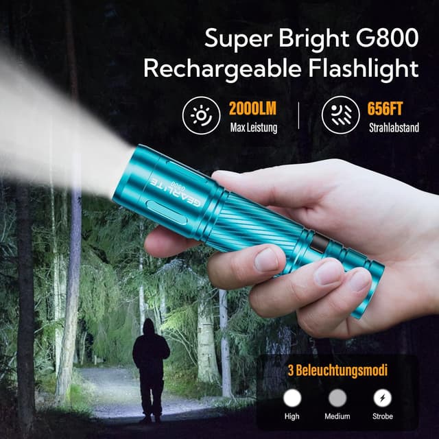 Detalle de GEARLITE G800 Mini LED-Taschenlampe (aufladbar) mit Zoom, 3 Modi und IP65