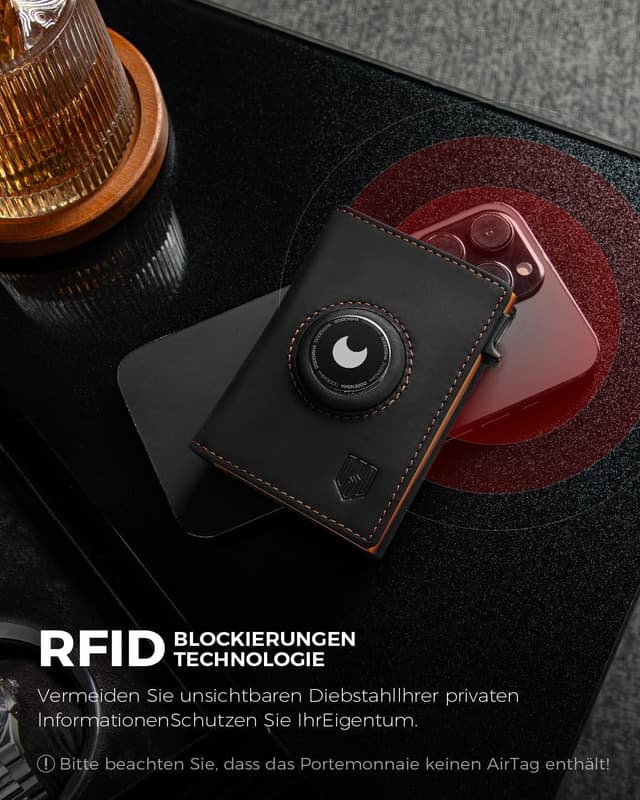 Detalle de DODENSHA AirTag porte-cartes homme avec protection RFID/NFC et porte-monnaie (Noir/orange)