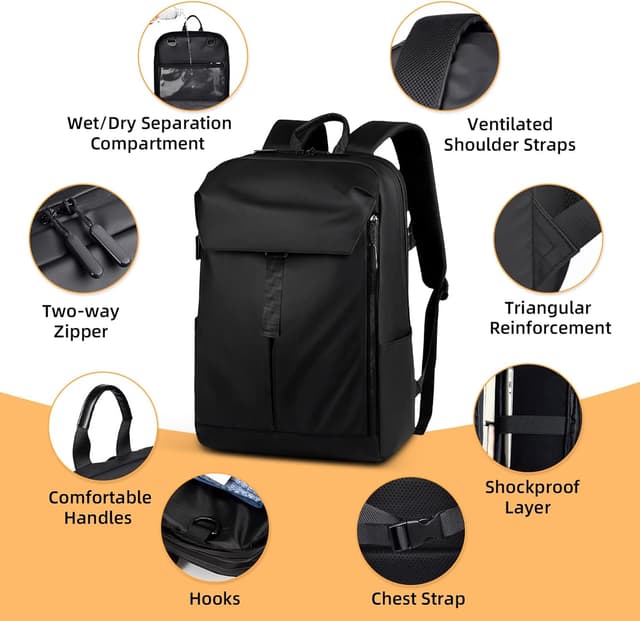 Detalle 2 de HUIDA TECH Business-Laptop-Rucksack (Radfahren), wasserabweisend, Kabinentasche & unter-dem-Sitz-geeignet, schwarz