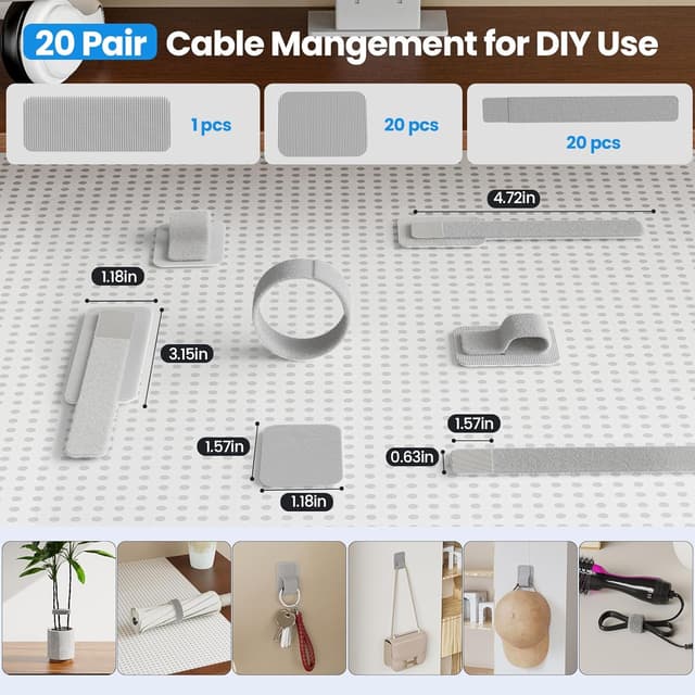 Detalle 2 de Kabelmanagement unter dem Schreibtisch – 20 Paar selbstklebende Kabelhalter mit verstellbarem Kabelbinder, grau