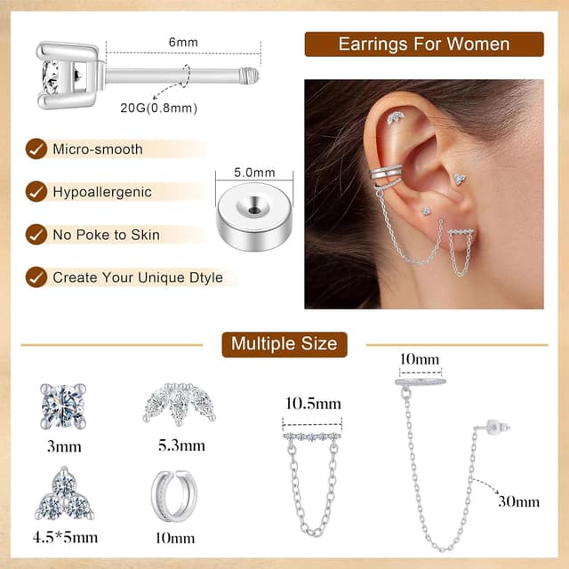 Detalle de Turandoss 6 Paar Ohrringe Set (Silber/Gold, 14K vergoldet) für Damen – Ohrstecker & Ear Cuff mit Kette