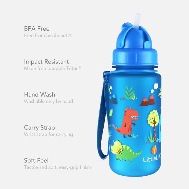 Detalle 2 de LittleLife Children’s Water Bottle (400ml) with Easy-Access Lid & Straw, Blue Dinosaurs