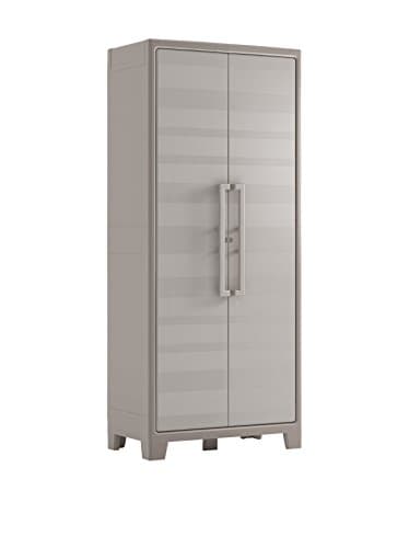 Detalle de Keter Armario Gulliver escobero de resina beige (80 x 44 x 182 cm), 2 puertas y 8 baldas regulables