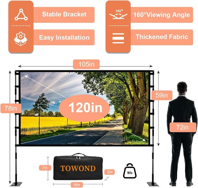 Detalle de TOWOND 120-inch Portable Projector Screen with Stand (16:9, 4K, 4K Front/Rear Projection)