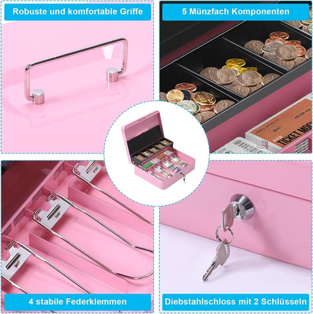 Detalle 2 de HAITRAL abschließbare Geldkassette aus Metall (rosa) mit Münzfach und 2 Schlüsseln