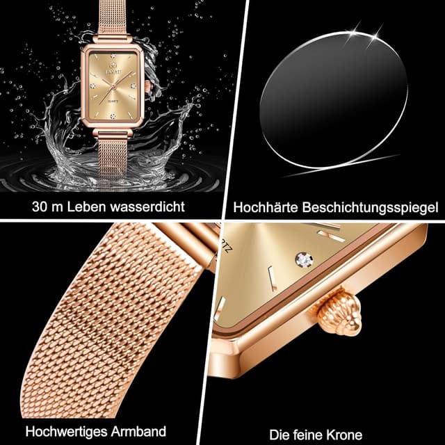 Detalle 2 de Taxau Damenarmbanduhr mit Quarzwerk, Edelstahl und römischen Ziffern – bis 30 m wasserdicht