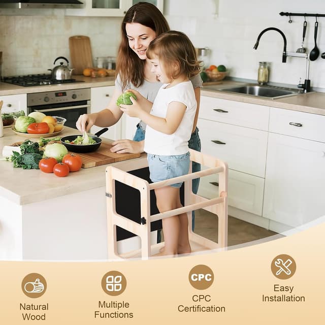 Detalle 2 de Toddler Kitchen Step Stool 4-in-1 Foldable Standing Tower with Blackboard (Ages 18 Months to 4 Years)