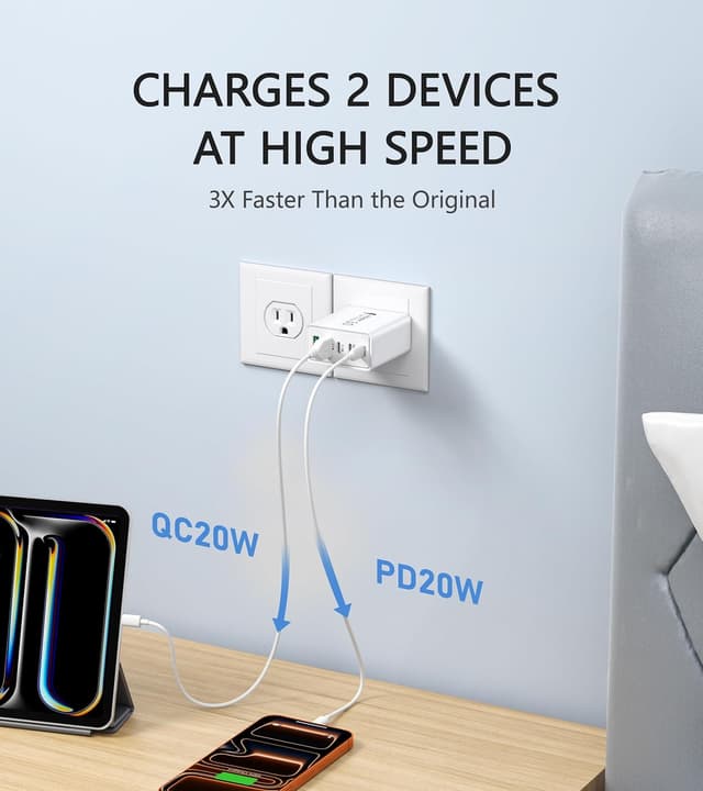 Detalle de Qwinjwin 2-Pack 50W 5-Port USB Wall Charger (2 USB-A + 3 USB-C, White)