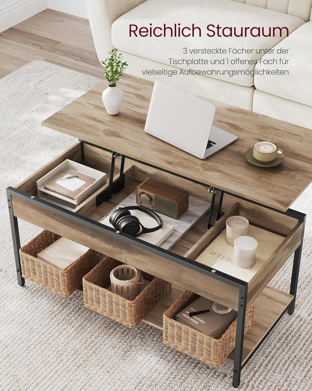 Detalle de VASAGLE höhenverstellbarer Couchtisch LCT261LB02 im Industriestil mit Ablagefächern (50 x 100 cm)