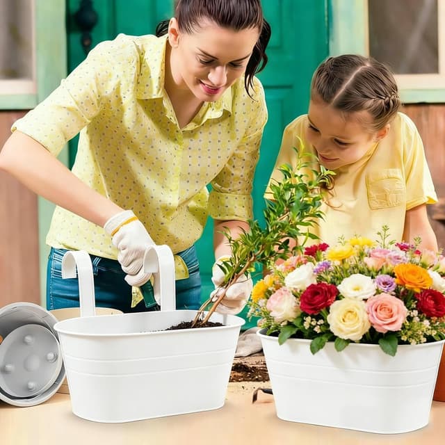 Detalle 2 de RIOGOO set da 4 vasi da fiori in ferro con gancio staccabile (bianco)